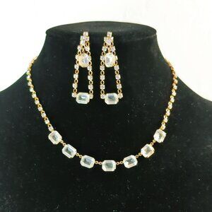 Vintage 14k Gold Filled Necklace & Earrings Set With Clear Faceted Stones